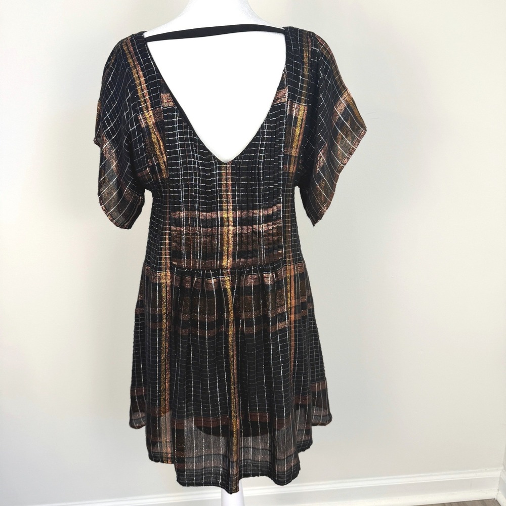 Free People Metallic Plaid Babydoll Mini Dress Womens XS Boho Open Back Festival - Picture 5 of 8